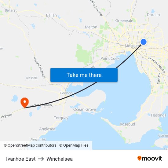 Ivanhoe East to Winchelsea map