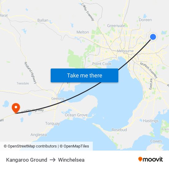 Kangaroo Ground to Winchelsea map