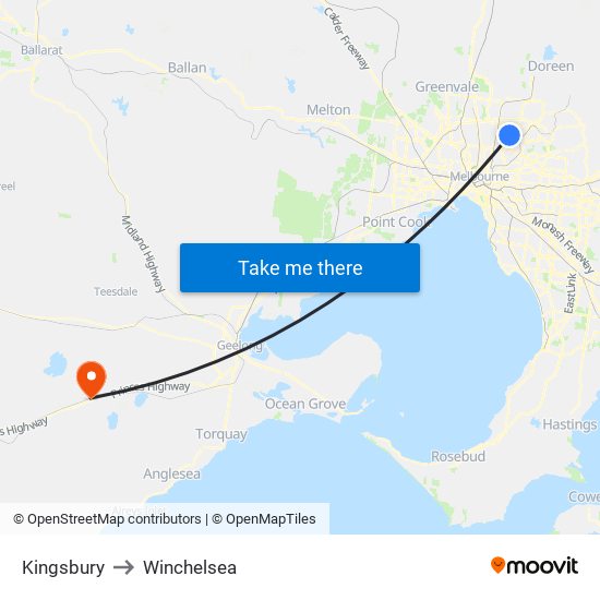 Kingsbury to Winchelsea map