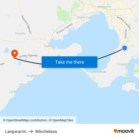 Langwarrin to Winchelsea map