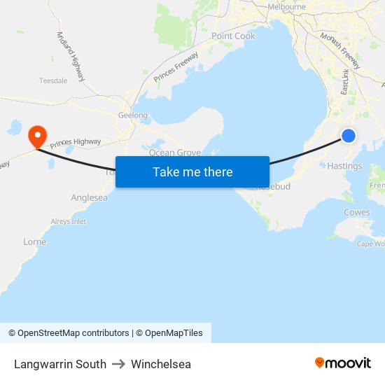 Langwarrin South to Winchelsea map