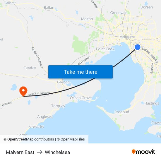 Malvern East to Winchelsea map