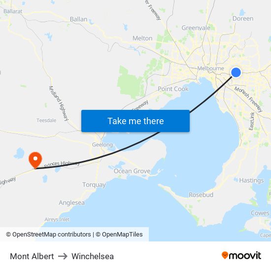 Mont Albert to Winchelsea map