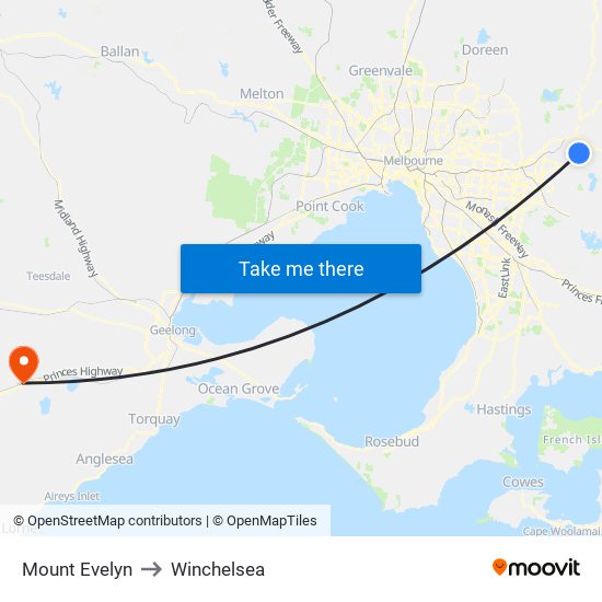 Mount Evelyn to Winchelsea map