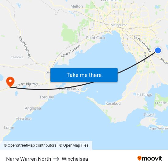 Narre Warren North to Winchelsea map