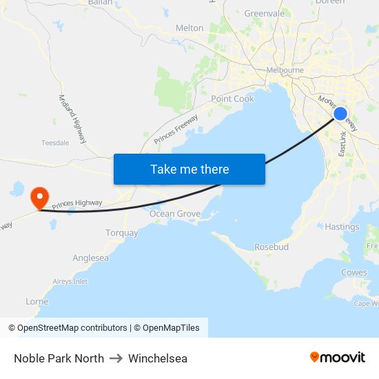 Noble Park North to Winchelsea map