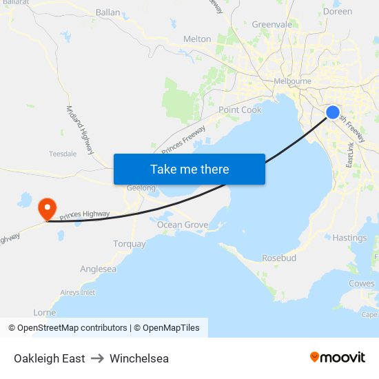 Oakleigh East to Winchelsea map