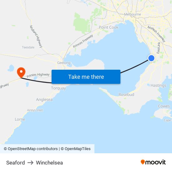 Seaford to Winchelsea map