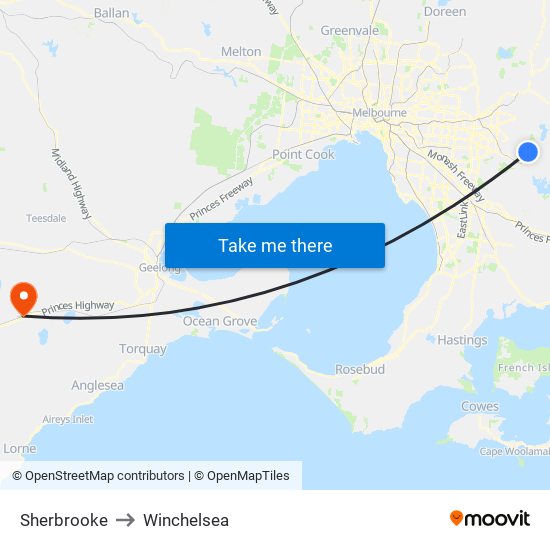 Sherbrooke to Winchelsea map