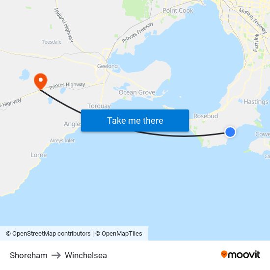 Shoreham to Winchelsea map