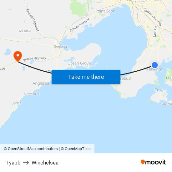 Tyabb to Winchelsea map