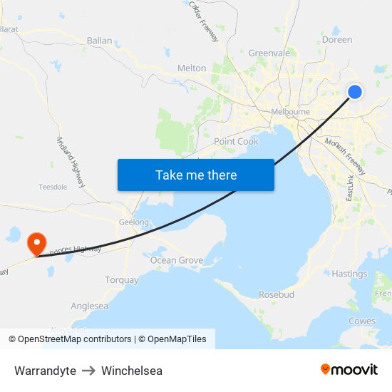 Warrandyte to Winchelsea map