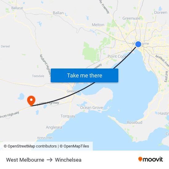 West Melbourne to Winchelsea map