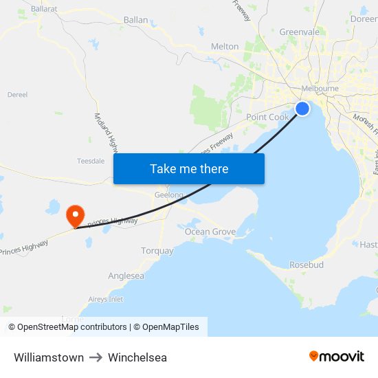 Williamstown to Winchelsea map