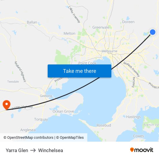 Yarra Glen to Winchelsea map