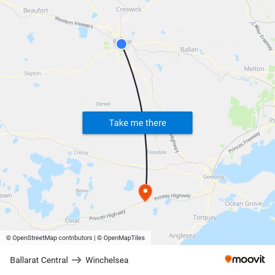 Ballarat Central to Winchelsea map