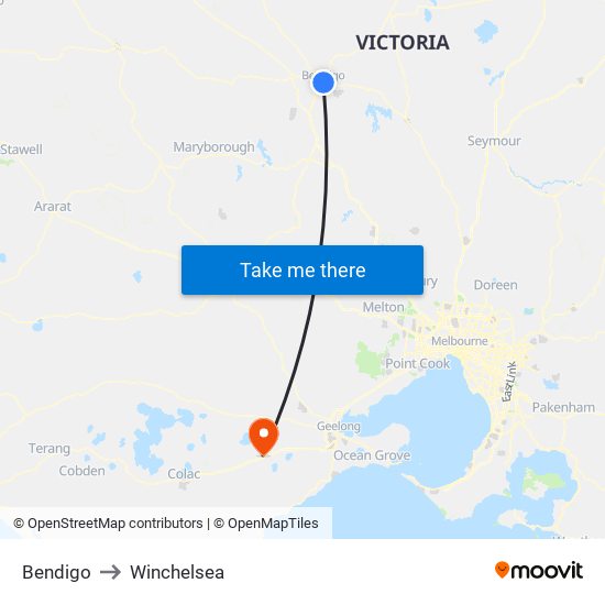 Bendigo to Winchelsea map