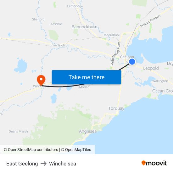 East Geelong to Winchelsea map