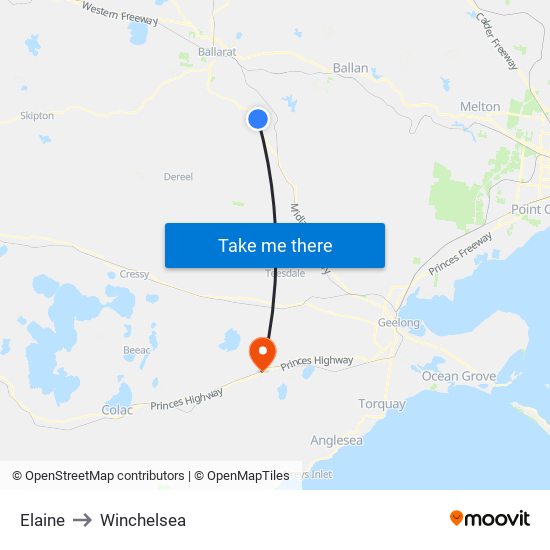 Elaine to Winchelsea map
