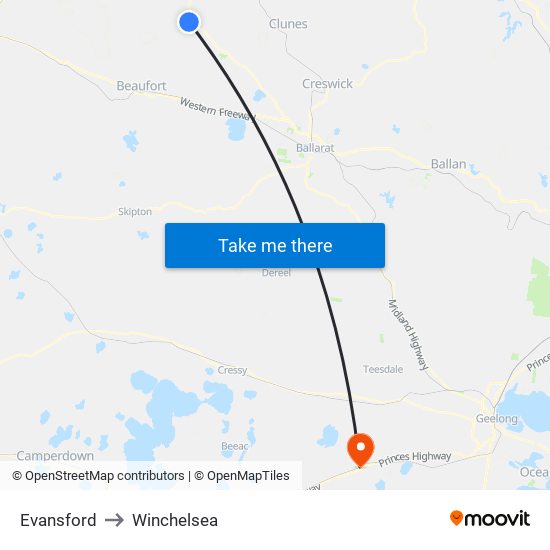 Evansford to Winchelsea map