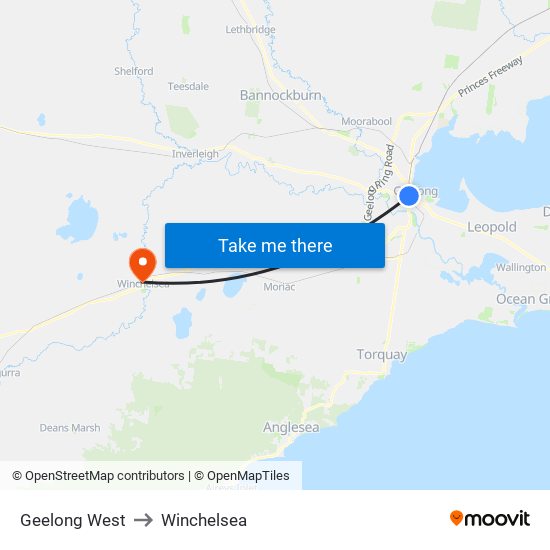 Geelong West to Winchelsea map