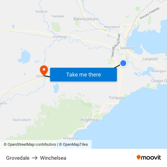 Grovedale to Winchelsea map