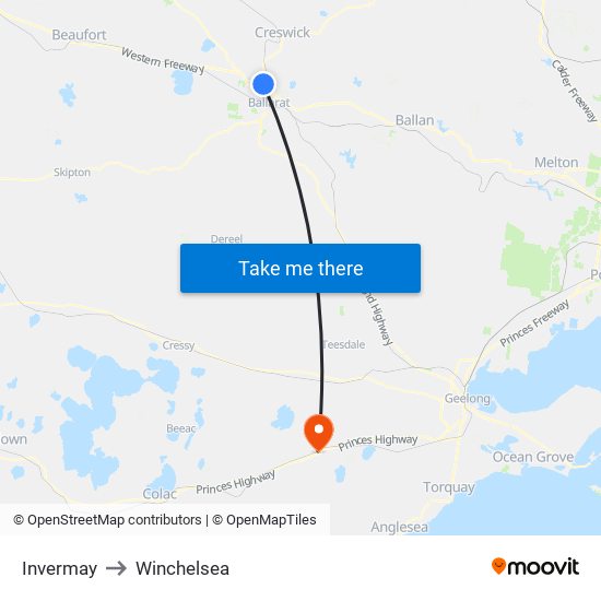 Invermay to Winchelsea map