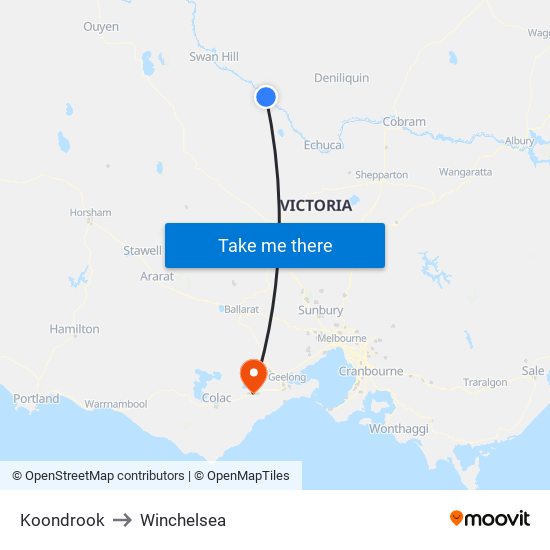 Koondrook to Winchelsea map