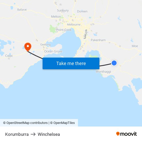 Korumburra to Winchelsea map