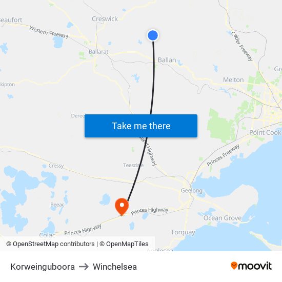 Korweinguboora to Winchelsea map