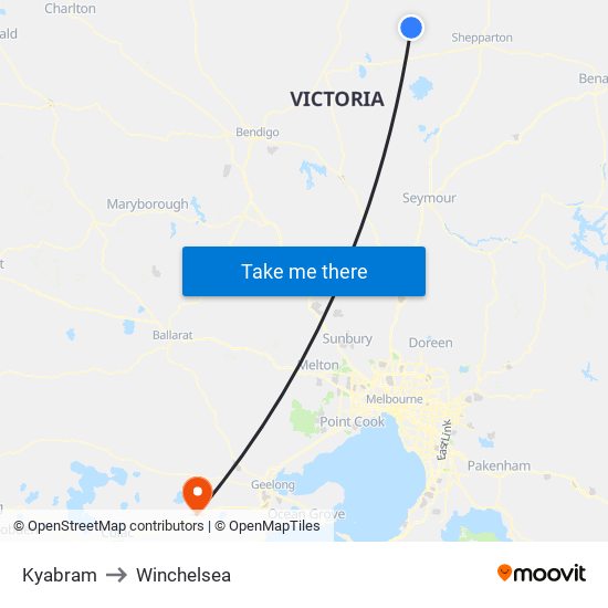 Kyabram to Winchelsea map