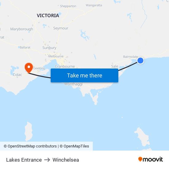 Lakes Entrance to Winchelsea map