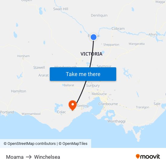 Moama to Winchelsea map