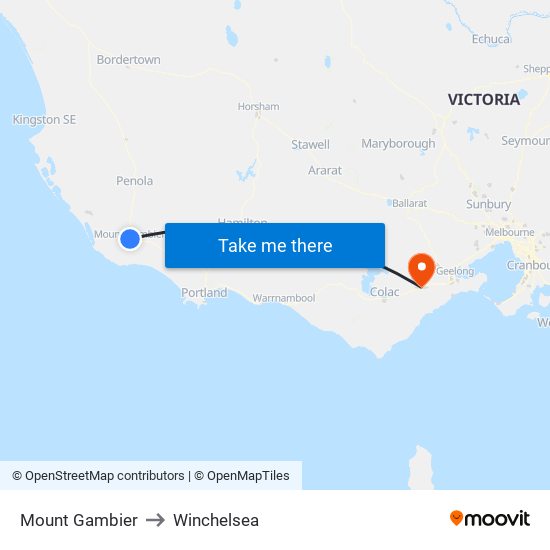 Mount Gambier to Winchelsea map