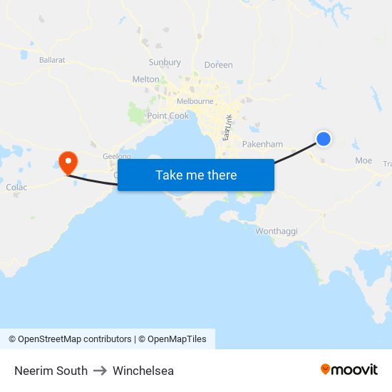 Neerim South to Winchelsea map