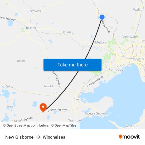 New Gisborne to Winchelsea map