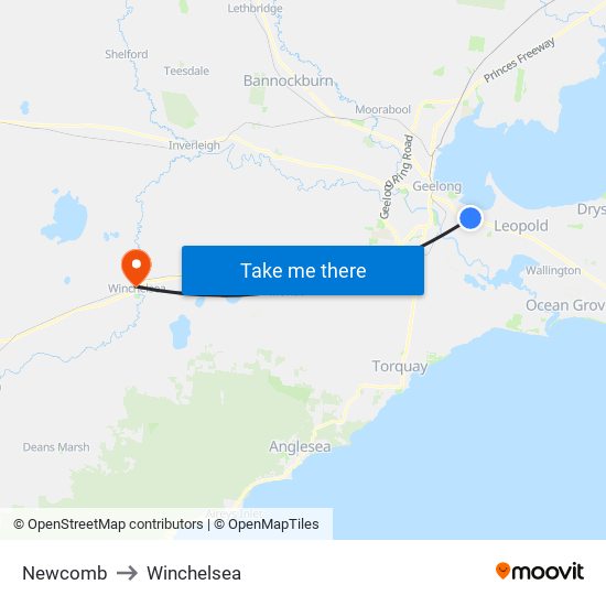 Newcomb to Winchelsea map