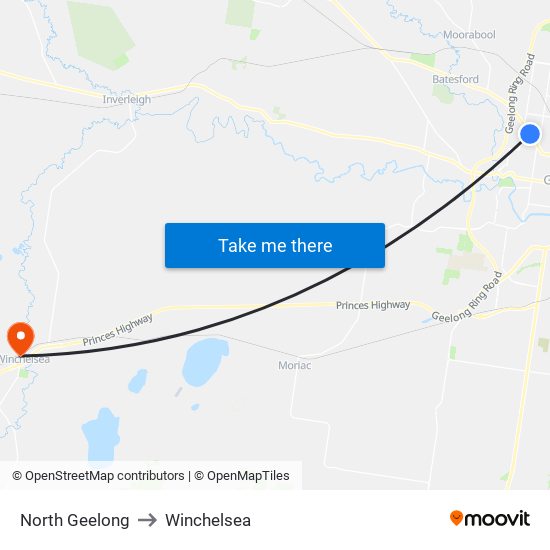 North Geelong to Winchelsea map