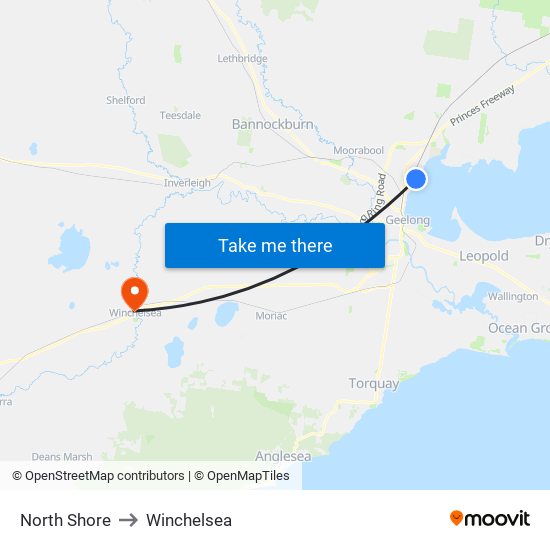 North Shore to Winchelsea map