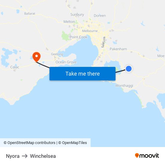 Nyora to Winchelsea map