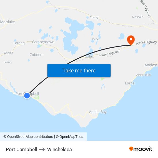 Port Campbell to Winchelsea map