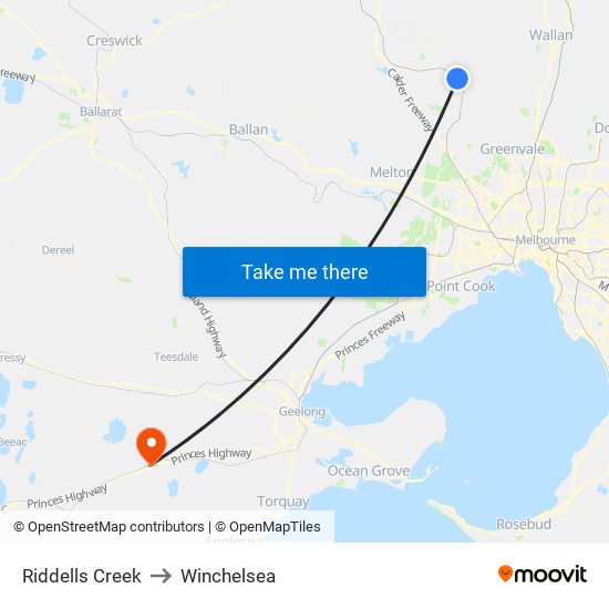 Riddells Creek to Winchelsea map