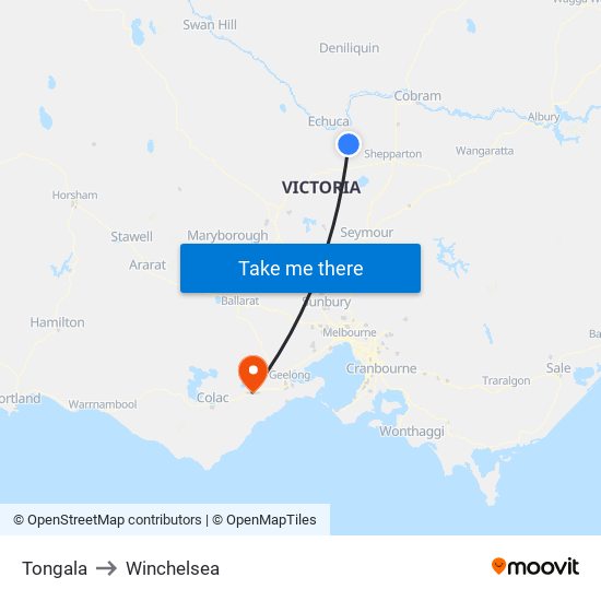 Tongala to Winchelsea map