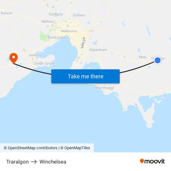 Traralgon to Winchelsea map