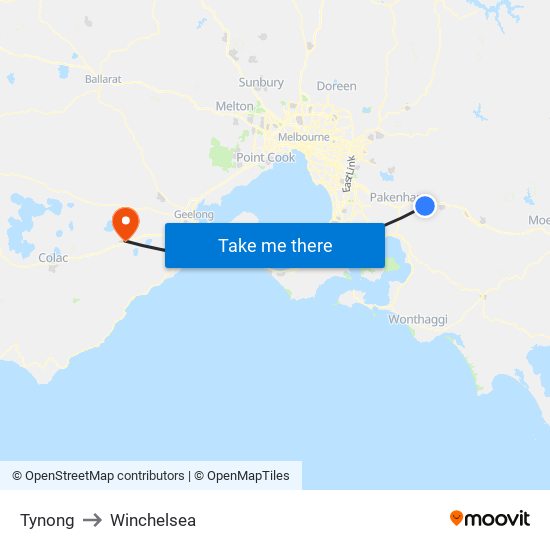 Tynong to Winchelsea map