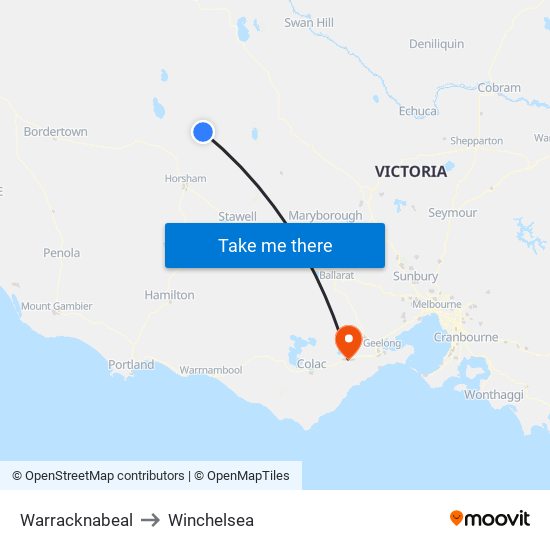 Warracknabeal to Winchelsea map