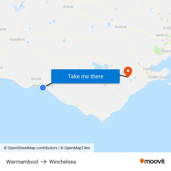 Warrnambool to Winchelsea map