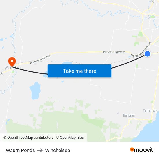 Waurn Ponds to Winchelsea map