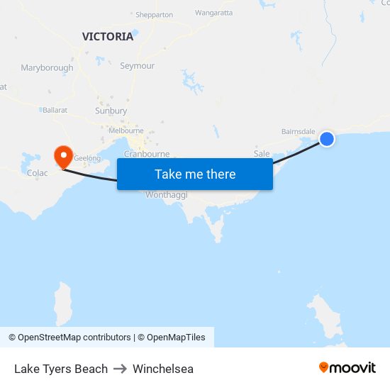 Lake Tyers Beach to Winchelsea map