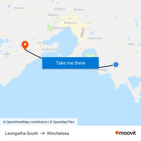 Leongatha South to Winchelsea map